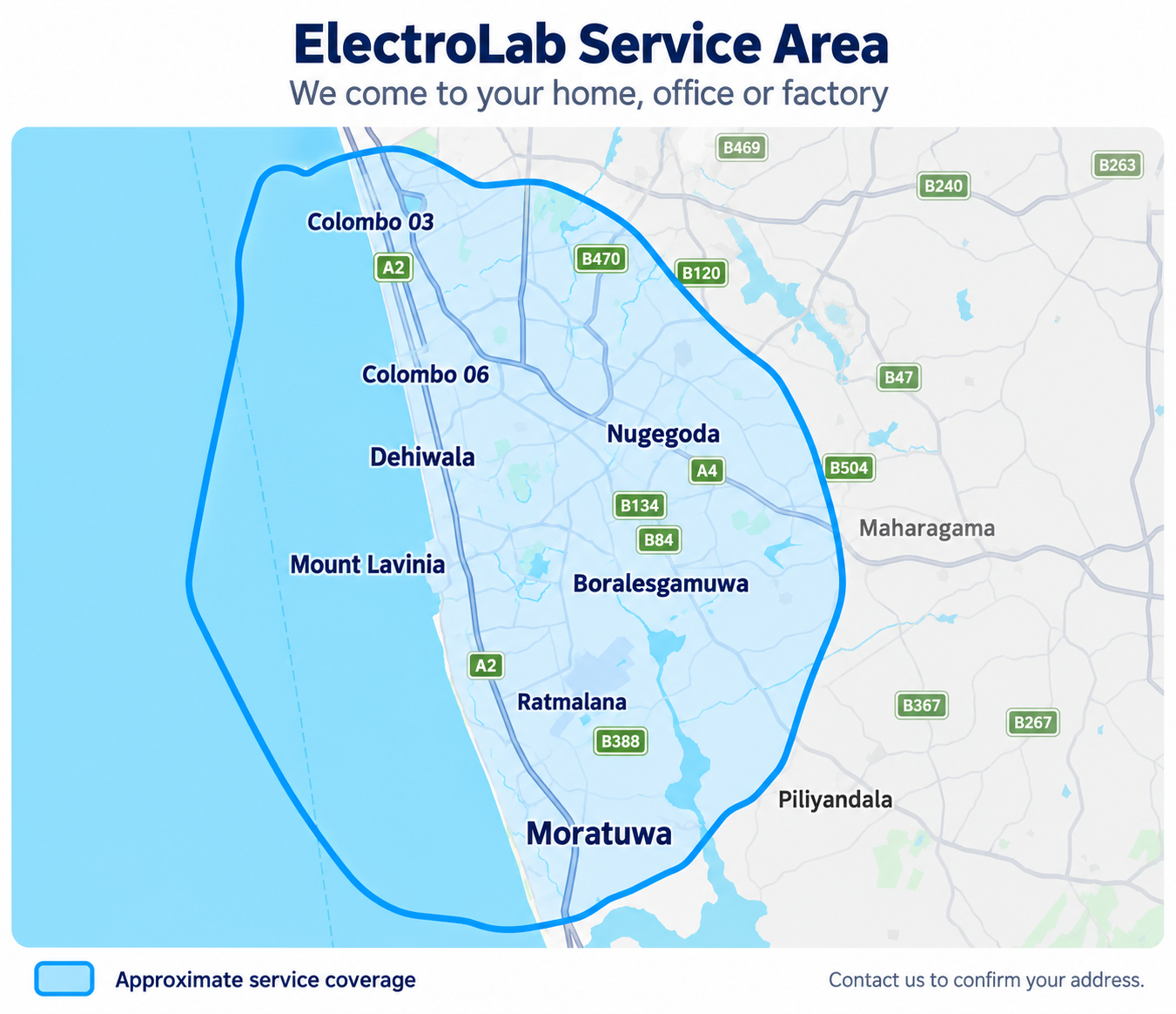 ElectroLab approximate service coverage around Colombo and southern suburbs.